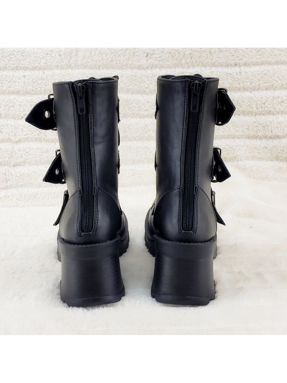 Bratty Goth 3 Big Buckle Strap Block Heel Combat Ankle Boots Punk Rock - Picture 6 of 15